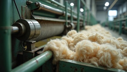 Poster - Wool processing machinery at textile factory with fiber material. Industrial equipment for wool production with automation. Thread manufacture with mechanical components shows quality.