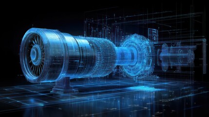 Poster - holographic engine design, digital blueprint, dark studio