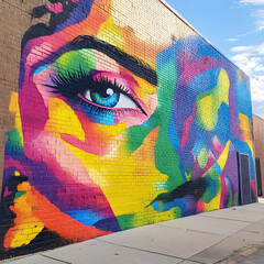 Poster - Vibrant mural art on Brick Wall: A stunning display of urban artistry, featuring a vividly painted eye and face on a textured brick wall, showcasing bold colors and intricate details.