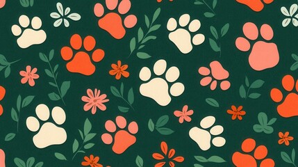 Wall Mural - Colorful Floral Pattern with Animal Paw Prints on Dark Green Background