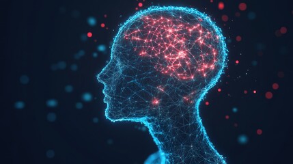 Poster - Illuminated digital brain, neural network, dark background, AI concept
