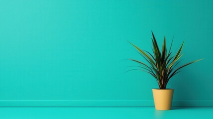 Wall Mural - Vibrant Plant in Yellow Pot Against Bright Teal Background