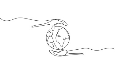 Continuous line drawing of hands holding Earth globe, Hand holding a globe in a continuous line drawing. Simplified design for global care and environmental.