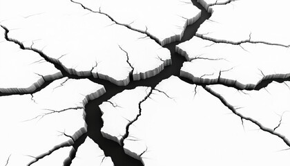 Poster - White floor after earthquake with black deep cracks. Ground floor, wall destruction effect, realistic rock, earthquake aftermath, broken surface, cement, distressed rift design.