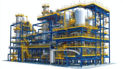 Poster - Industrial plant rendering, complex design, white background, manufacturing process