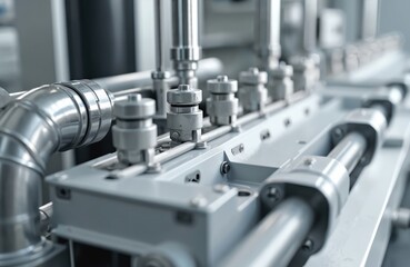 Poster - Close-up shot of automated steel industrial machine with pipes. Production manufacture products with extrusion tech, industrial concept background. Modern plant tool in workshop.