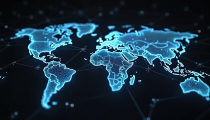 Leinwandbilder - Glowing blue, white wireframe Earth with lines connecting cities on black background with scattered dots. Futuristic digital planet network, global communication, cyberspace, artificial intelligence.