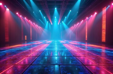 Poster - Colored dance floor in night disco club. Empty interior with bright lights. Modern design, trendy architecture downtown. Luxury lifestyle, celebration and party background.