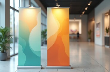 Poster - Two blank portable banner stands with abstract colored design in office hall for exhibition. Versatile marketing tools for business advertisement, modern promotion and commercial print.