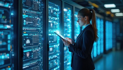 Poster - Female IT specialist uses tablet in data center, turning augmented VFX visualization on server farm. System engineer works for cyber data security company.