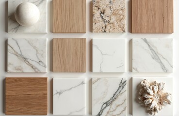 Poster - Material sample moodboard with luxury surfaces. Marble, wood textures, chic elegant patterns. Modern interior design decor elements for stylish home decoration. Inspiration source for designer.