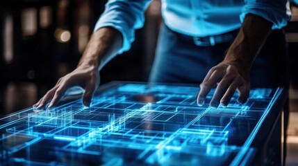 Leinwandbilder - Man interacts with futuristic holographic table, office background
