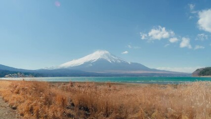 Wall Mural - 4k timelapse fuji mountain at yamanakako lake with tiny clouds and sky blue in japan.