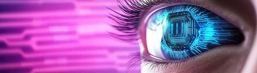 Poster - Close up of an eye featuring a detailed circuit design in the pupil illustrating technology and vision