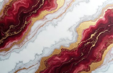Poster - White marble red garnet stone surface with gold veins. Decorative acrylic paint pouring rock texture, abstract pattern. Interior design wallpaper background with wavy luxury smooth curves.