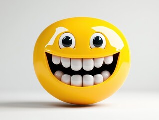 Poster - A 3Drendered yellow emoji with a wide, toothy grin and happy eyes, radiating joy and laughter against a simple white background