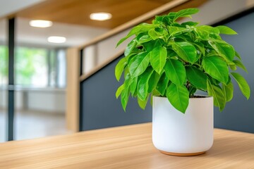 Aufkleber - A green plant in a white vase placed on a rustic wooden table in a bright indoor setting