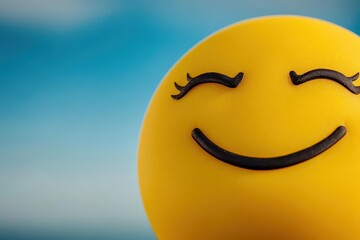 Poster - A bright yellow smiling face with closed eyes and a curved upward mouth, conveying happiness and friendliness, on