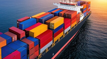 Poster - Container ship loaded with colorful containers sailing in the ocean under a clear blue sky
