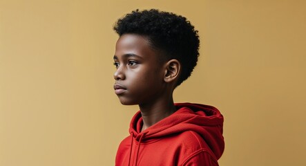 Wall Mural - Black African boy in plain yellow background wearing a red hoodie young teen side view portrait