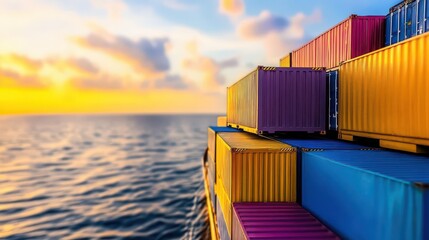 Poster - A cargo ship sails across a tranquil sea at sunset, showcasing vibrant colors and serene waters, perfect for maritime themes