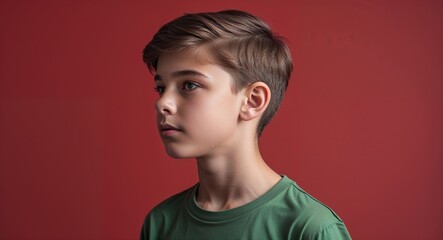 Wall Mural - Caucasian boy in plain red background wearing a green t shirt young teen side view portrait