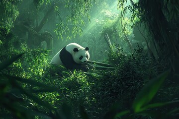 Wall Mural - A dramatic shot of a giant panda munching on bamboo in a lush, green forest. A panda bear peacefully sits amidst lush greenery in a serene forest setting.