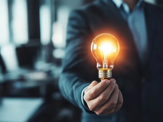 Poster - A closeup of a confident businessman holding a glowing light bulb in his hand