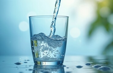 Poster - Water pours into crystal glass. Refreshing beverage quenches thirst, providing hydration. Transparent liquid swirls with bubbles, offering cool, clean drink, suitable for health, wellness.
