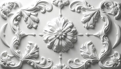 Poster - White floral stucco 3d background on textured wall. Decorative relief art ornament, elegant pattern. Classic vintage luxury interior home decor for living room or dining.