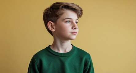 Wall Mural - Caucasian boy in plain yellow background wearing a blue dress young teen side view portrait