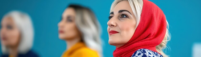 Poster - Woman in red scarf standing in front of group of women in outdoor setting during daytime