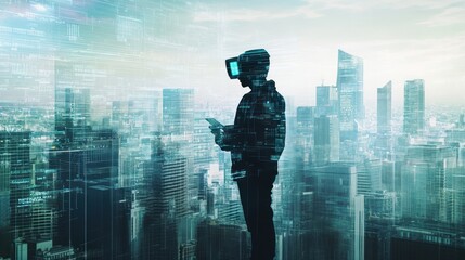Aufkleber - Metaverse User Exploring Virtual Cityscape