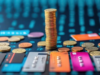 Poster - Stack of coins placed on top of a computer keyboard illustrating finance and technology concept