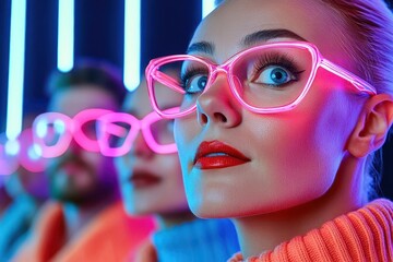 Poster - A futuristic scene with diverse individuals in glasses, illuminated by vibrant neon lights, reflecting themes of technology and connection
