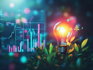 Poster - A glowing lightbulb surrounded by vibrant growth charts and greenery