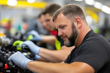 Poster - Man working on a car engine in an industrial factory setting during daytime