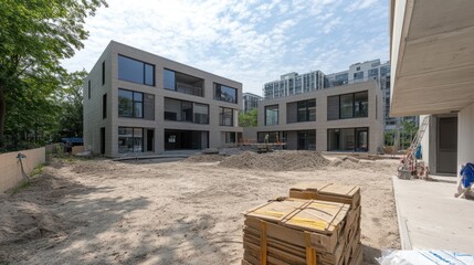 Aufkleber - Modern apartment complex under construction, courtyard, city background