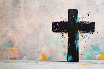 Poster - A handpainted black ink cross, featuring dynamic brush stroke textures and lively splatter effects, on a textured canvas background Emphasize contrast and artistic flair