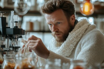 Poster - Man in a cozy sweater examines a small object in a well-lit workshop with jars and laboratory equipment