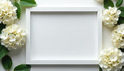 Poster - Flat lay photo of white empty frame decorated with white hydrangea flowers on sides, top view. Elegant frame design on white background for text, picture.