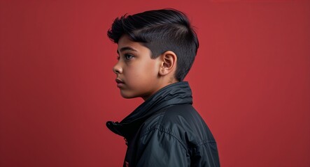 Wall Mural - Hispanic boy in plain red background wearing a white shirt young teen side view portrait