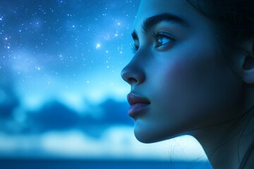 Poster - Contemplative moment of a young woman gazing at a starry sky during twilight near the ocean