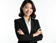 © Pete - Portrait of joyful asian businesswoman in suit. Elegant female CEO smiles, confident leader with arms crossed. Modern corporate pro, photogenic manager on white background.