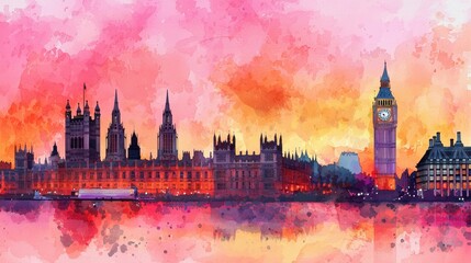 Wall Mural - Vibrant Sunset Over Iconic London Skyline with Water Reflection