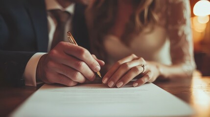 Poster - Couple smile happy are sitting at a table contract and show house key