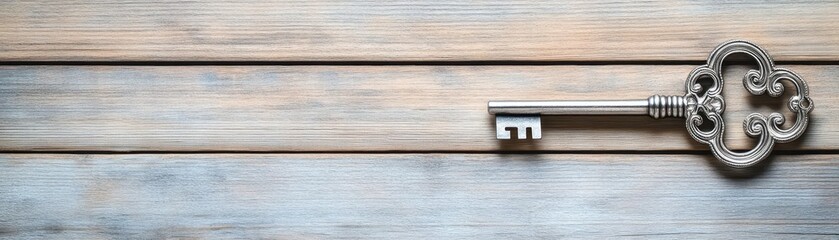 Aufkleber - Single key resting on a rustic wooden surface with natural grain and texture