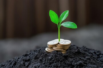 Poster - Plant growing from a pile of coins symbolizing financial growth and sustainability