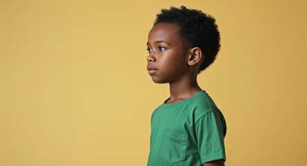 Wall Mural - Kid Black African boy in plain yellow background white sneakers side view portrait