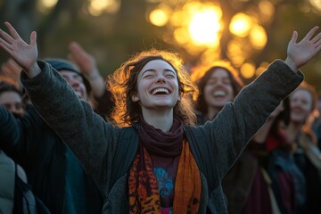 Wall Mural - Joyful gathering of people celebrating at sunset in an outdoor space filled with laughter and warmth